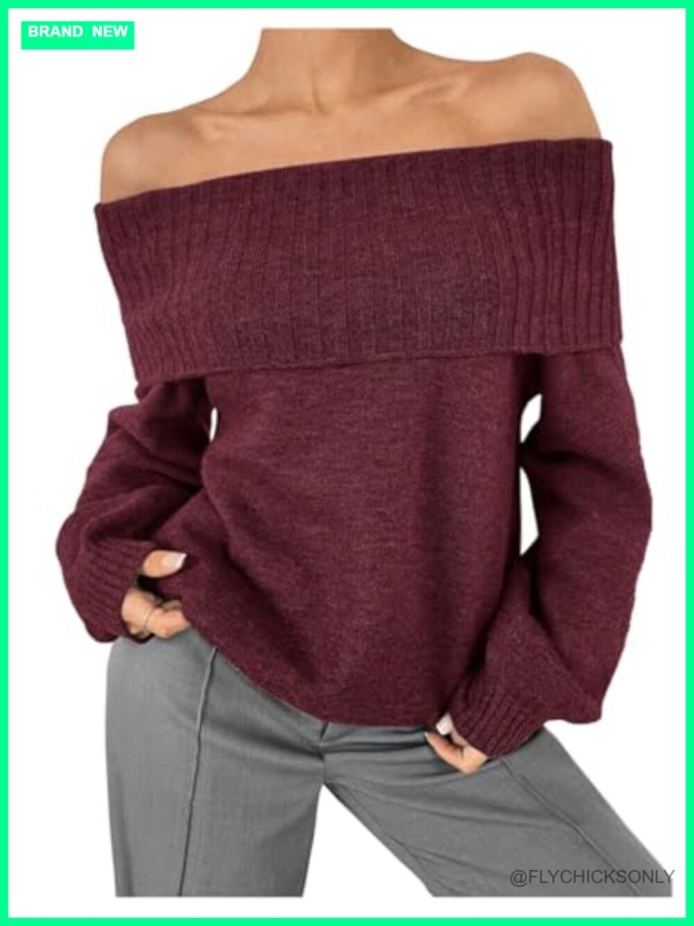 Off Shoulder Oversized Knit Pullover Sweater Bishop Sleeve Loose Fit